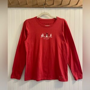 Life Is Good Long Sleeve Red Vintage Cut Tee Shirt Snowman Snow Women’s Medium
